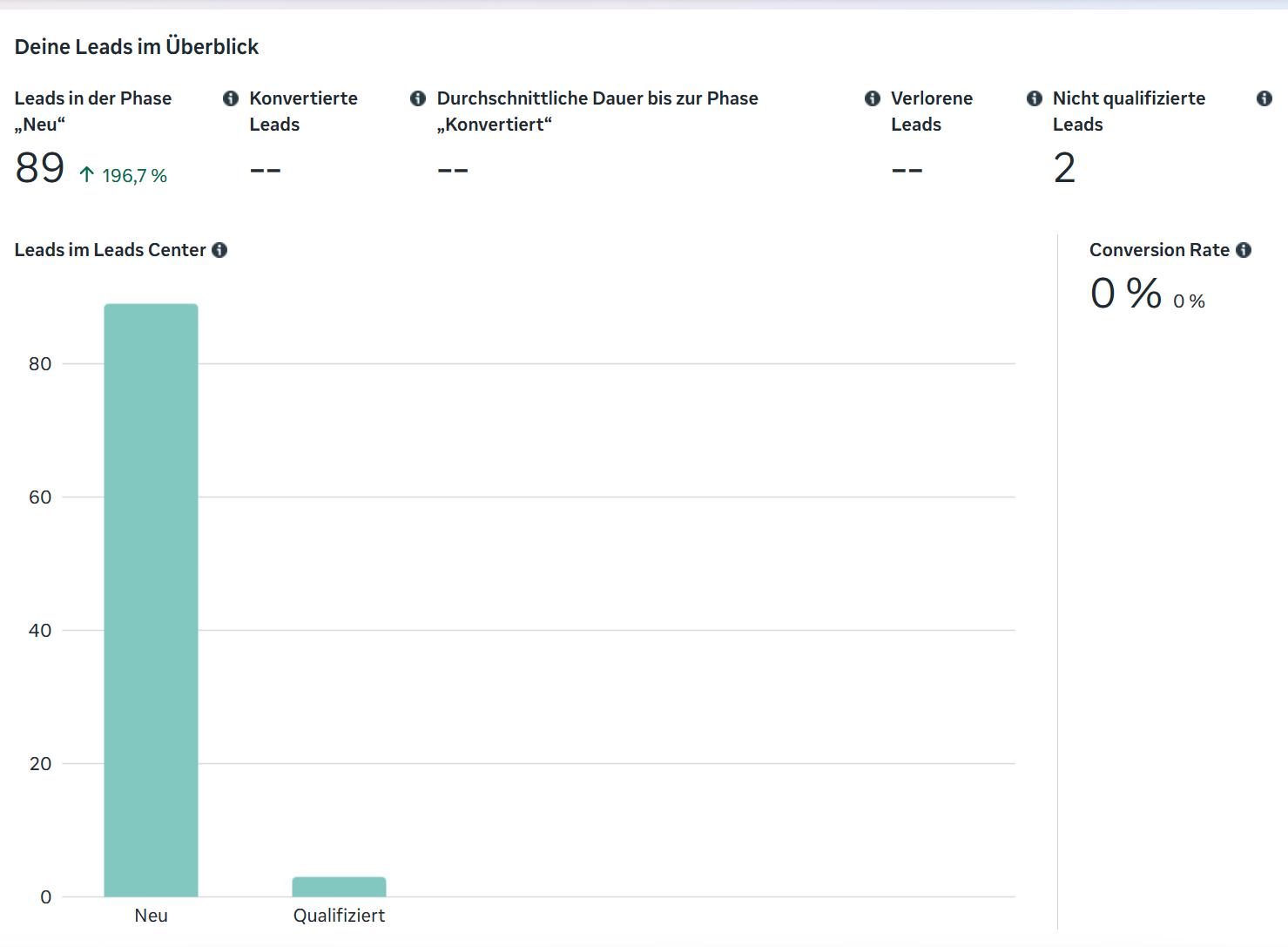 Lead Dashboard 89 neue Leads +196 Prozent